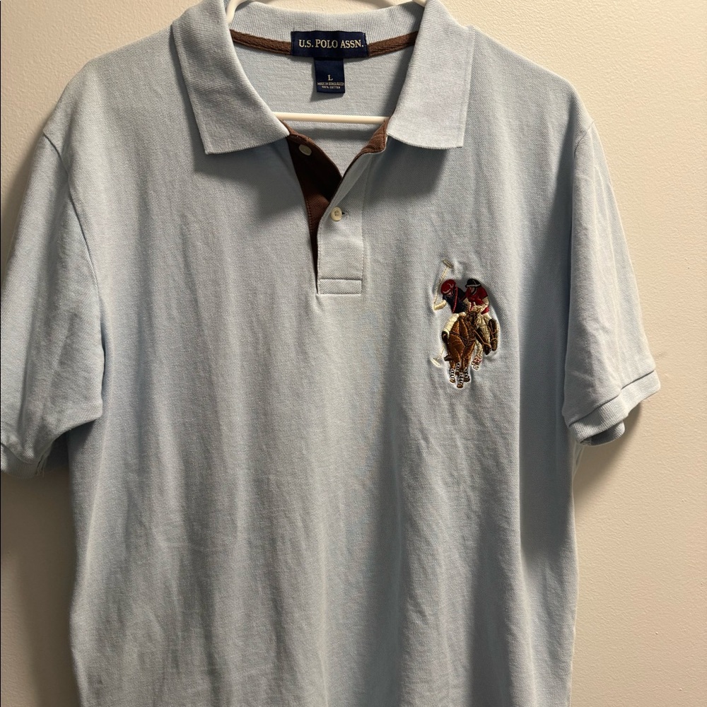 US Polo Assn Size Large Light Blue Polo with Large Front Logo & Number